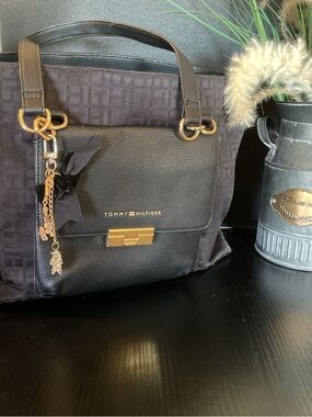 Tommy Hilfiger Black & Dark Brown Shoulder Tote with Gold Hardware